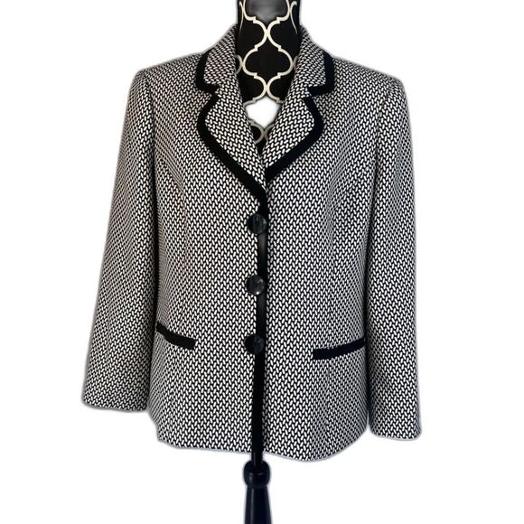 Kasper Separates Black White Abstract Geometric Single Breasted Blazer Size 14 - Picture 1 of 9